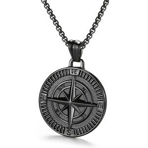 💫Azfvbql Men's Black Compass Pendant Necklace Stainless Steel Navigator Jewelry